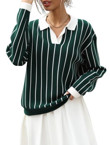 chouyatou Women 2025 Fall Polo Collar Pullover Striped Sweater Dressy Casual Chunky Knit Sweater Jumer Top