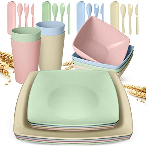 Teivio 16-piece Wheat Straw Square Dinnerware Set, Unbreakable Plastic Dinner Plates, Salad Plates, Snack Bowls, Tumblers, Dishwasher Safe (Service for 4 (16 pieces with flatware), MultiColor) Teivio 16-piece Wheat Straw Square Dinnerware Set, Unbreakable Plastic Dinner Plates, Salad Plates, Snack Bowls, Tumblers, Dishwasher Safe (Service for 4 (16 pieces with flatware), MultiColor)