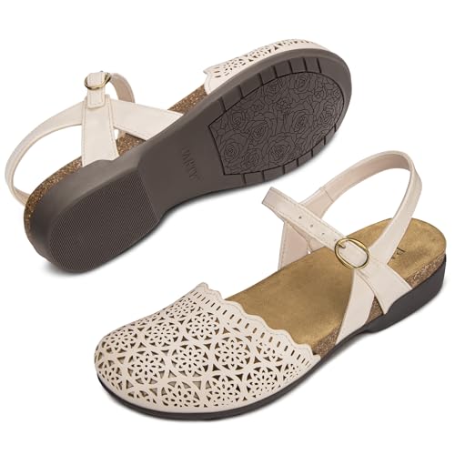 Image of PARTY Closed Toe Sandals Women, Barefoot Arch Support Flat Sandals for Office Work and Travel with Comfortable Cork Footbed