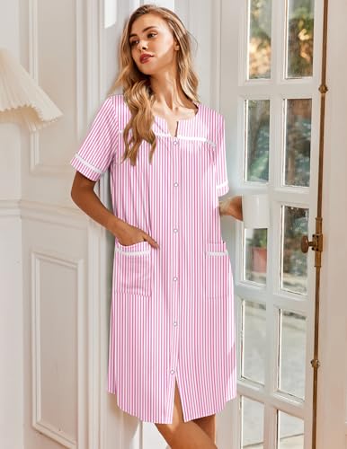 Image of Ekouaer Nightgowns for Women House Dress with Pockets Snap Front House Coat Short Sleeve Duster Moo Moos Sleepwear S-3XL
