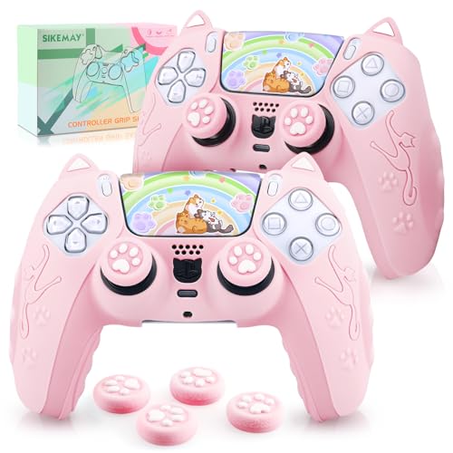 SIKEMAY PS5 Controller Skin 2 Pack, Cute Cat Paw PS5 Controller Cover Case Anti-Slip PS5 Accessories Silicone Skin Protective Controller Grip for Playstation 5 DualSense with 4 Thumb Grip Caps (Pink)
