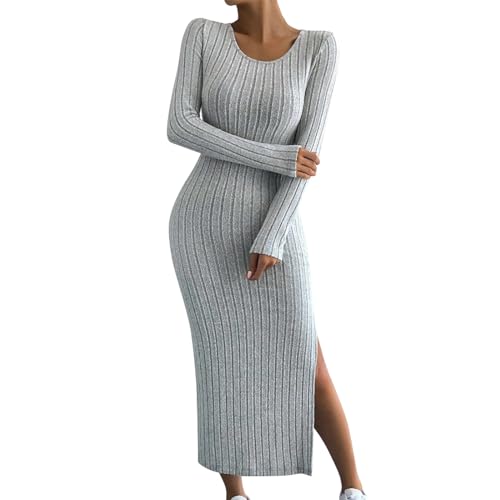 Vestido largo de punto para mujer con cuello redondo y escote profundo, gris, L