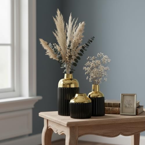Vases en céramique noire et dorée lot de 3 design côtelé pour herbe de pampa