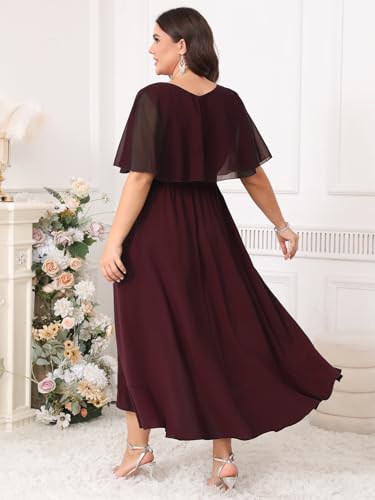 Image of Women Plus Size Long Formal Dress Short Sleeve Chiffon Ruffle V Neck High Low Split Wedding Guest Maxi Dresses