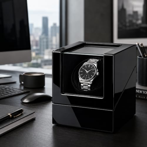 Image of Automatic Watch Winder, Ultra-Quiet Motor (<10dB), Single Watch Winder Box with AC & Battery Power, Hand-Polished High-Gloss Piano Finish, Luxury Watch Winder for Men, Fits Most Automatic Mechanical Watches