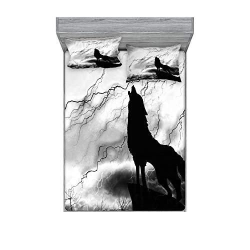 Ambesonne Wolf Fitted Sheet & Pillow Sham Set, Howling Animal Silhouette on a Cliff Under Full Moon Mysterious Dramatic Sky, Decorative Printed 3 Piece Bedding Decor Set, King, Black Grey and White