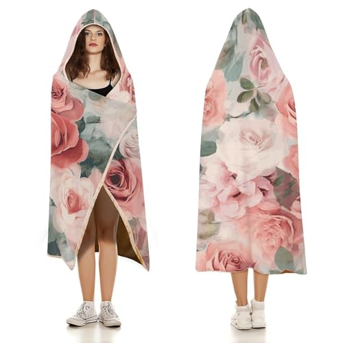Couverture à capuche portable douce imprimé roses pour voyage et maison