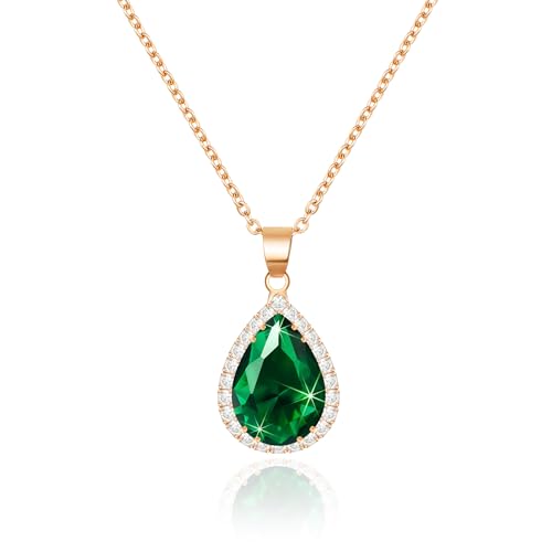 Linawe Collar para mujer, collares de oro rosa, collar para mujer, diamante verde esmeralda, piedra de nacimiento, collar de cristal, colgante, cadena de dijes, conjuntos de joyas