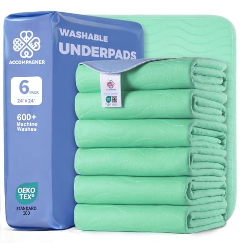 Image of Accompagner Incontinence Bed Pads Washable Waterproof, Ultra-Absorbent Reusable Underpads for Diaper Changing, Nursing, Bedridden, Adults, Seniors, Kids and Dogs (Green, 24 inchx24 inch(Pack of 6))