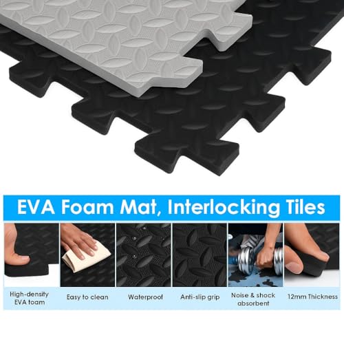 Image of eHomeKart Gym Mats for Floor for Home and Living Room, Interlocking Rubber Floor Gym Mat for Workout at Home, Super Absorbent EVA Foam Workout Mat- 60x60cm - 12mm, Black & Grey (16 Tiles - 64Sqft)