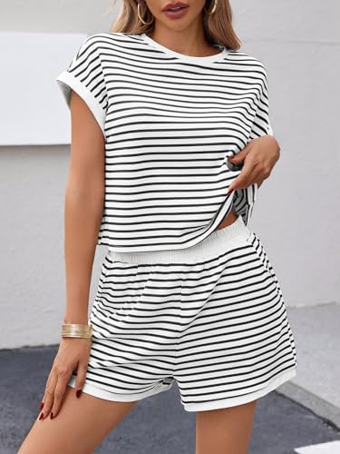 Image of Tankaneo Womens Summer 2 Piece Sets Striped Short Sleeve T Shirts and Shorts Loungewear Matching Set