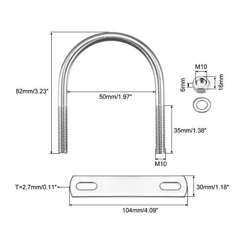 Image of uxcell Round U-Bolts, 50mm(1.97 inch) Inner Width 82mm Length M10 304 Stainless Steel U Clamp Bolt with Nuts Washers and Plates, for Boat Trailer