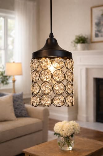 Image of Modern Crystal Pendant Light | Black Metal Hanging Ceiling Lamp with Warm LED Glow | Decorative Chandelier for Living Room, Bedroom, Dining Area, Hallway (Modern Crystal Drum)
