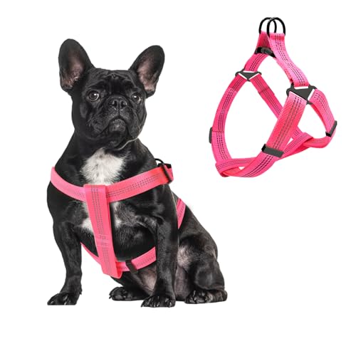 Plliocse Arnés reflectante para perro, color negro, arnés ajustable a prueba de escape con doble anillo en D para perros pequeños para pasear por la noche (rosa fuerte, M)