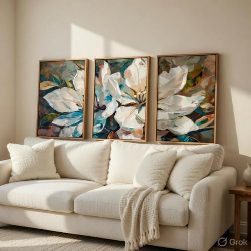 Image of Livin'luxe Abstract Floral Wall Painting Set of 3 with Wooden Frames | Modern White Flower Artwork HD Sparkle Laminated MDF Wall Decor | Contemporary Floral Wall Art for Living Room Bedroom