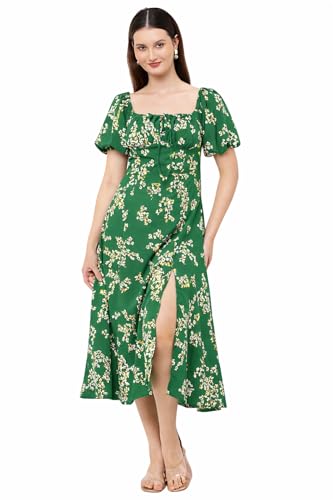 Image of Animal Print Tie-Up Neck Puff Sleeve Crepe A-Line Midi Dress