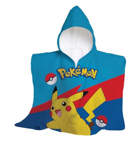 hermet, Telo Mare Con Cappuccio Pokemon, Poncho Mare Maxi da Bambino, 60x60 cm, Asciugamano da Spiaggia o Piscina, 100% Morbido Cotone
