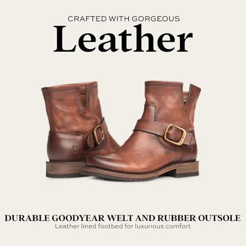 Image of Frye 5 inch Veronica Booties for Women - Full-Grain Brush-Off Leather with Antique Metal Hardware and Rubber Outsole, Genuine Stitch Welt Construction