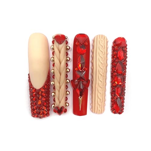 55mm Extra Long Coffin Press On Nails, Red and White