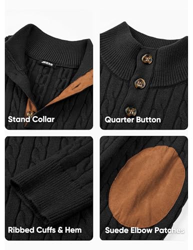JMIERR Sweaters for Men Soft Cable Knit Casual Long Sleeve Essentials Vintage Slim Fit Stand Collar Button Pullover Fisherman Sweater, L, Black