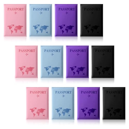 12 Pcs Passport Holder for Travel Cruise Essentials, Passport Cover Wallet Case Set for Women Men Family, Passports Book Holders Vacation Accessories Must Haves(Pink, Black, Light Blue, Purple)