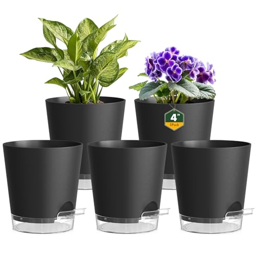 Homeuouz 5er Set Selbstbewässerungstopf 10cm – Kleine Blumentöpfe & Übertöpfe mit Untersetzer in Matt für Zimmerpflanzen & Küche, Perfekt als Kräutertopf, Schwarz-Klar