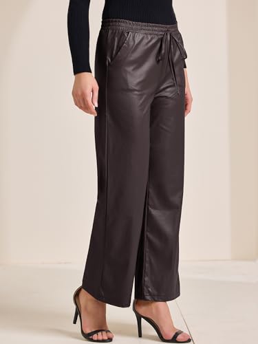 Allegra K Women's Faux Leather Pants High Waist Straight Leg PU Trousers Pant with Pockets3