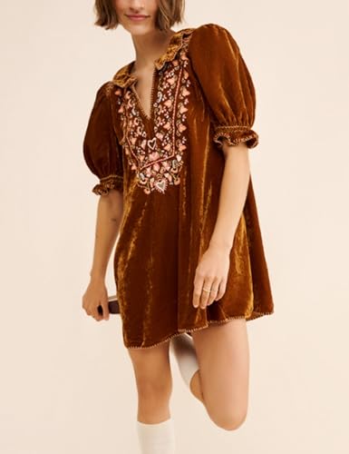 Women's Velvet Mini Dress V-Neck Puffy Short Sleeve Embroidered Short Dress Vintage Floral Holiday Party Dress2