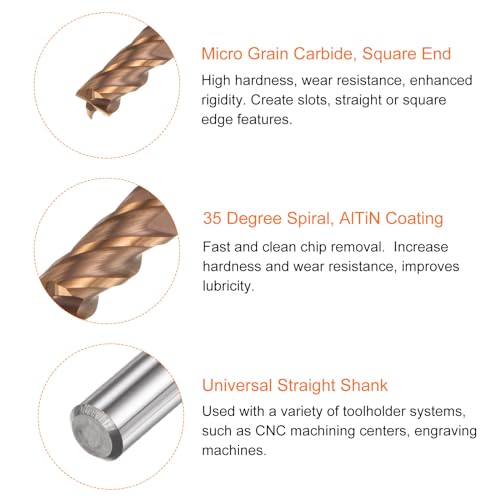 Image of HARFINGTON Micro Grain Carbide Square End Mill 5 /32 inch x 3 /8 inch (4mm x 10mm) Cut 5 /32 inch (4mm) Shank 2 inch (50mm) Length AlTiN Coated 4 Flutes Square Nose Cutter for Alloy Steel Hardened Steel