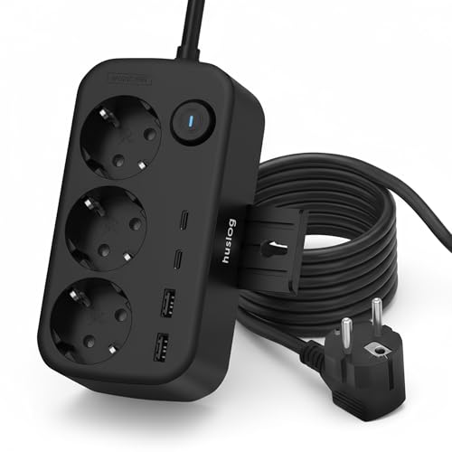 Huslog regleta con 3 Tomas Schuko y 4 USB 2× USB-A USB-C múltiple con Soporte para móvil Montaje