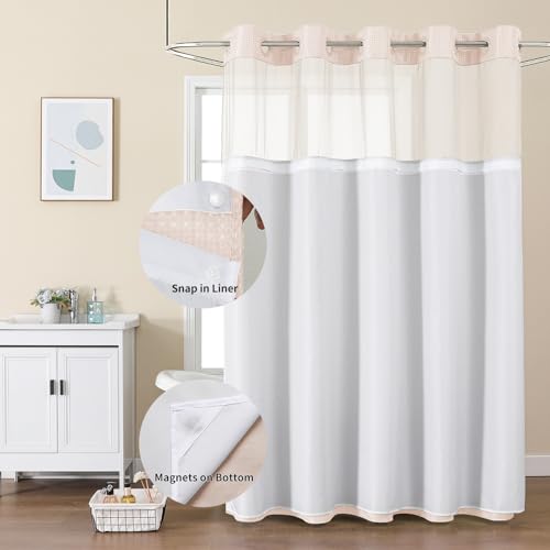 No Hook Shower Curtain with Snap in Fabric Liner, Waffle Weave Heavy Duty Thick Shower Curtains with Mesh Top Window, Hotel Style Waterproof Bathroom Curtain Set, 72 x 75 Inch, Blush Pink by Colorful Star - Used condition - Image 2