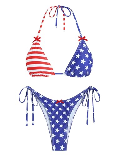 Image of ZAFUL Bikini Sets for Women Halter Bow Decor Tiny Floral Gingham Print Swimsuit Tie Side 2 Pieces Bathing Suit