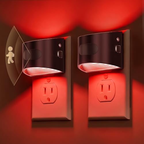 Image of L LOHAS LED Night Light with Motion Sensor & Dusk to Dawn Sensor, Night Lights Plug into Wall with 30-100lm Adjustable Brightness, Dimmable Night Light for Bathroom Hallway, Red, 2 Pack