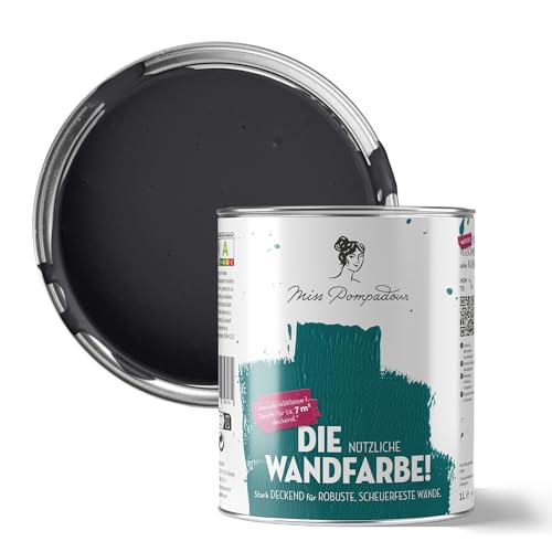 MissPompadour abwaschbare Wandfarbe Schwarz mit Samt 1L - hohe Deckkraft & Ergiebigkeit - matte, scheuerbeständige Innenfarbe - geruchsarm, wasserbasiert, atmungsaktiv - Die Nützliche