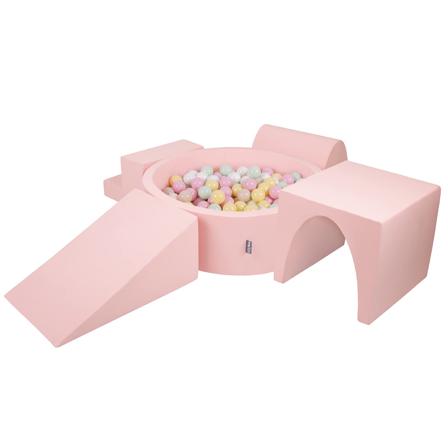KiddyMoon Foam Playground For Kids With Round Ballpit (300 Balls ∅ 7Cm/2.75In) Soft Obstacles Course And Ball Pool, Made In EU, Pink:Pastel Beige/Pastel Yellow/White/Mint/Light Pink