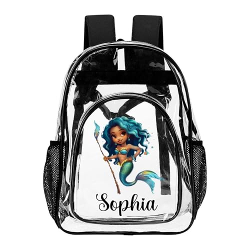 Personalized Beautiful Mermaid Clear Backpack for Kids Custom School Transparent Backpack for Boys With Name Back To School Gifts for Boys Girls Travel PVC Book Bags