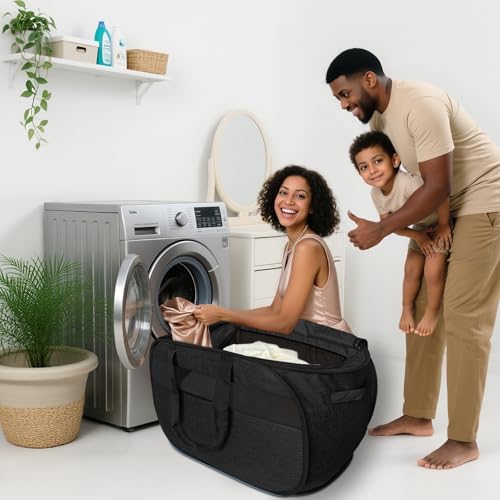 Image of 100L Extra Large Mesh Pop Up Laundry Hamper with Lid & Handles 2 Pack, XL Foldable Dirty Clothes Basket for Home Dorm Closet Storage, Portable Laundry Bin, Black. 2H
