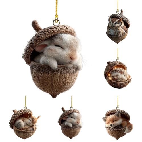 Image of Forest Animal Acorn Christmas Tree Decorations, 2D Acrylic Christmas Acorn Animals Ornaments, Cute Squirrel Xmas Tree Decorations, Hanging Ornament Holiday Party Decor, Animal Lovers Gifts.