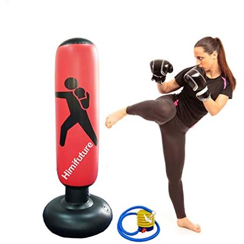 160cm Punch Bag, Inflatable Free-Standing Fitness Target Stand Tower Bag, Free Standing Tumbler Column Sandbag with a Free Foot Air Pump, Wine Red Cover