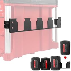 4-Slot Battery Holder Compatible with Milwaukee 18V Batteries | No Rail Removal Required,Side-Mount Storage Work for Milwaukee PACKOUT Toolbox, Self-Locking Design Keeps Batteries Secure