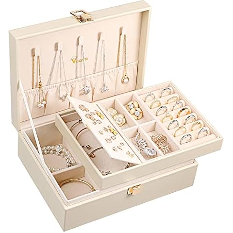 Voova Jewelry Box Organizer for Women Girls, 2 Layer Large Men Jewelry Storage Case, PU Leather Display Jewellery Holder with Removable Tray for Necklace Earrings Rings Bracelets, Vintage Gift,Apricot Cover