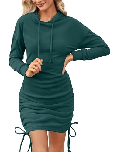Aottori Damen Sweatkleid Langarm Hoodie Kleid Elegant Sweatshirt Lange Pullover Tunika Jumper Kapuzenpulli Herbst Winter Dunkelgrün M
