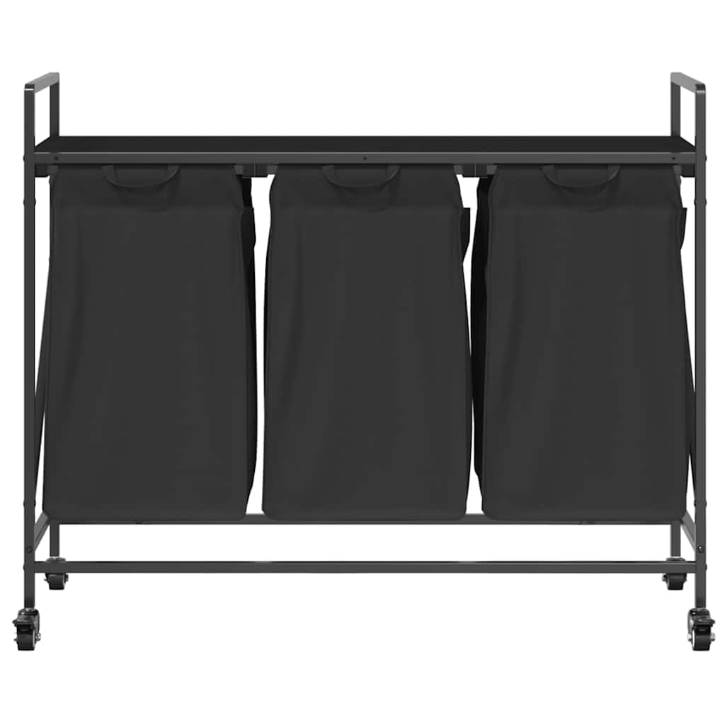 Wäschekorb 3 Fächer mit Rädern, ausziehbare Wäschesäcke aus 100 Prozent Polyester, Stahlrahmen und Holzwerkstoff, 99 x 33 x 82 cm, für Waschküche und Schlafzimmer