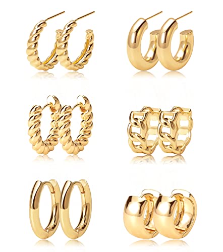 Gold Hoop Earrings Set 14K Gold Plated Huggie Earrings Hypoallergenic Chunky Twisted Thick Jewelry For Multiple Piercing Christmas Gift For Women Girls (Gold Hoop2) #TOP3