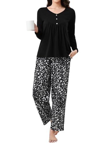 Reliwel Schlafanzug Damen Baumwolle Pyjama Set Zweiteiliger Nachtwäsche Langarm Kuschelig Sleepwear mit Taschen für Herbst Winter Blumen Schwarz, S