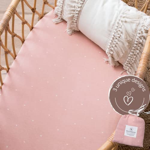 Poppi & Max 100% Organic Cotton Bassinet Sheet-3 Set | Bassinet Sheets For Baby Girl | Ultra Soft Jersey Knit, Fitted Baby Sheets For Universal Shaped Standard Bassinets | Pink Rose Heart Dot Stripe #TOP2