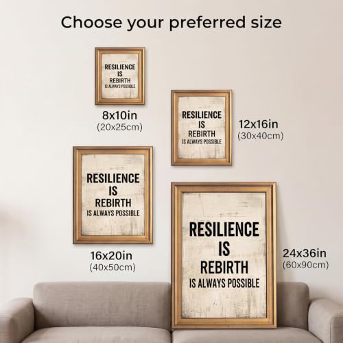 Framed Canvas Wall Art Minimalist Resilience Is Rebirth Black Typography on Weathered Beige Wood Canvas Print Poster Gold Frame Wall Decor for Home Office Motivational Quote, Inch 16x20 - Image 3