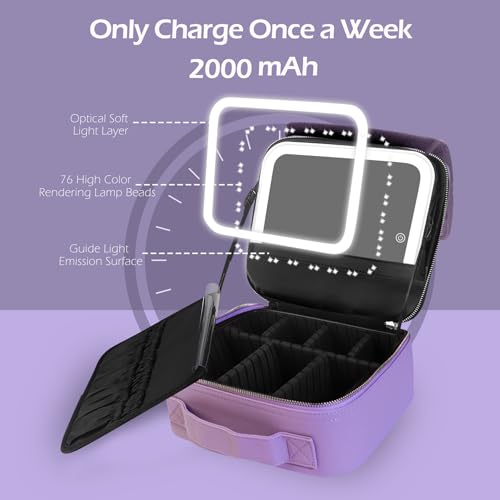 Image of MOMIRA Travel Makeup Bag Cosmetic Bag Makeup Organizer Bag with Lighted Mirror, Adjustable Brightness in 3 Color Scenarios, Waterproof Makeup Train Case, Gift for Women - Violet(Woven)