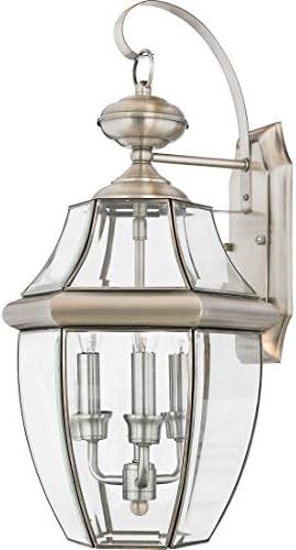 Quoizel Newbury Outdoor Wall Lantern, 23 Inch 3-Light Pewter Wall Sconce, French Country Exterior Wall Lantern Fixture, E12 Base, Clear Glass, Outside Lights for Patio, Porch, Garage or Yard