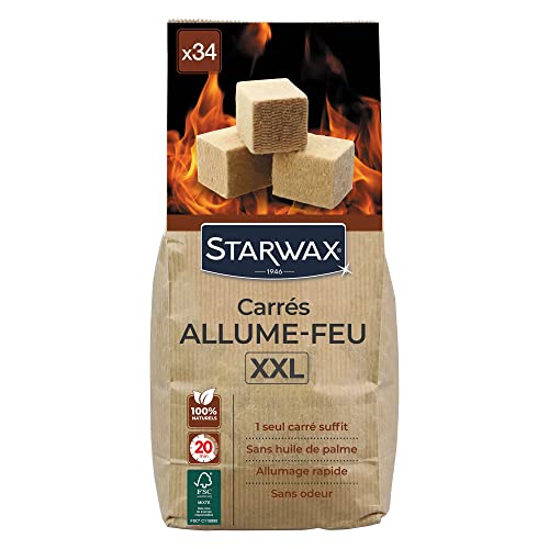 STARWAX - Carrés Allume-Feu pour Barbecue, Poêle et Cheminée - Allumage Rapide - Propre et Sans Odeur - Sans Huile de Palme - 100% d'Ingrédients d'Origine Naturelle - Fabriqué en France - 34 carrés